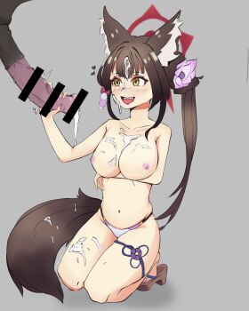 absurdres after_paizuri animal_penis bestiality blue_archive breasts brown_hair cum cum_on_body cum_on_breasts cum_on_hair cum_on_upper_body fox_girl halo handjob highres horse horse_penis huge_penis large_breasts murahanasaki penis swimsuit tail topless_female wakamo_(blue_archive)