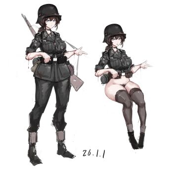 1girl black_boots black_hair boots braid breasts burety75200 closed_mouth epaulettes full_body grey_eyes grey_jacket grey_pants grey_socks gun hashtag-only_commentary helmet highres holding holding_gun holding_weapon jacket kneehighs large_breasts medium_hair military_jacket military_uniform no_panties no_pants original pants ponytail pubic_hair seiza simple_background sitting smile socks solo weapon wehrmacht white_background world_war_ii
