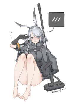 1girl absurdres animal_ears arknights ass bare_legs barefoot black_gloves blush bottomless breasts cape cloak closed_mouth commentary_request convenient_leg dated feet flying_sweatdrops full_body fushe gloves grey_cape grey_eyes grey_hair grey_jacket hammer highres jacket knees_up legs long_hair looking_at_viewer rabbit_ears rabbit_girl savage_(arknights) signature simple_background sitting solo speech_bubble spoken_blush thought_bubble toenails toes war_hammer weapon white_background