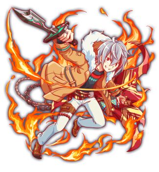 1boy artist_request belial_(crash_fever) black_shirt black_sleeves brown_footwear cel_shading chain collarbone collared_jacket crash_fever fire food full_body fur-trimmed_hood fur_collar fur_trim game_cg grey_hair holding holding_knife hood hooded_jacket jacket jewelry knife leg_up long_sleeves looking_at_viewer male_focus number_print numbered official_art orange_hood orange_jacket orange_sleeves outline pants pocket red_eyes red_outline ring shirt simple_background sleeve_cuffs smile solo square square_print tachi-e teeth thigh_strap transparent_background white_pants