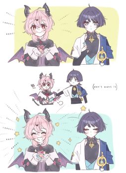 2boys ahoge anemo_symbol_(genshin_impact) aqua_gemstone arm_at_side black_bodysuit black_bow black_bridal_gauntlets black_coat black_collar black_hair black_shirt black_sleeves black_tail blue_cape blue_kimono blue_sleeves blunt_ends blush bodysuit bow bridal_gauntlets bright_pupils candy cape chest_jewel closed_eyes closed_mouth coat collar commentary covered_collarbone cowlick dragon_boy dragon_horns dragon_tail dragon_wings english_text eyelashes facial_mark facing_viewer fang food forehead_mark gem genshin_impact giving gloves grey_eyes hand_up hands_up happy heart heart-shaped_gem heart_facial_mark highres holding holding_candy holding_food horns japanese_clothes juban kimono layered_sleeves long_sleeves looking_at_food looking_at_viewer mandarin_collar mimacbr mini_durin_(genshin_impact) mini_durin_(human)_(genshin_impact) multiple_boys open_clothes open_coat open_hands open_kimono orange_eyes outstretched_arm pink_hair pom_pom_(clothes) purple_horns purple_vest purple_wings red_gemstone scaramouche_(genshin_impact) sequential shirt short_sleeves shoulder_peek skin_fang smile symbol-only_commentary tail tareme two-sided_horns vest vision_(genshin_impact) wanderer_(genshin_impact) white_collar white_gloves white_kimono white_mouth white_pupils white_sleeves wings wispy_bangs