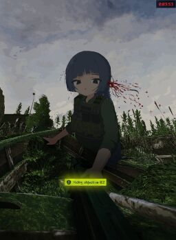 1girl black_eyes blood blood_spray blue_hair blunt_bangs boat cloud cloudy_sky commentary countdown_timer day death diagonal_bangs english_commentary english_text escape_from_tarkov gameplay_mechanics green_shirt hayasabro headshot highres load_bearing_vest long_hair looking_at_viewer moss nature open_mouth original outdoors shirt sky solo three-quarter_sleeves tree watercraft