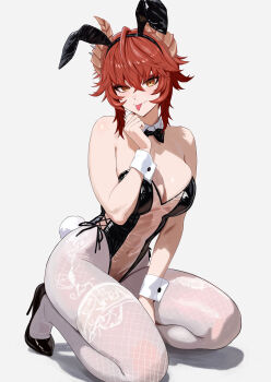 1girl absurdres alternate_costume animal_ears black_leotard breasts cleavage collar commentary detached_collar fake_animal_ears fake_tail fang highres indie_virtual_youtuber large_breasts leotard looking_at_viewer meibin pantyhose rabbit_ears rabbit_tail red_hair short_hair skin_fang smile solo strapless strapless_leotard tail tongue tongue_out virtual_youtuber white_collar white_pantyhose white_wrist_cuffs wrist_cuffs yellow_eyes zentreya zentreya_(dragon)