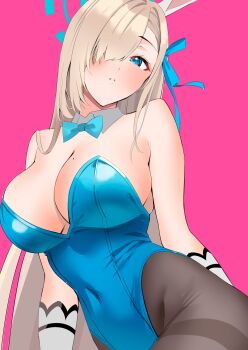 Rule 34 | 1girl, absurdres, animal ear hairband, animal ears, asuna (blue archive), asuna (bunny) (blue archive), bare shoulders, black pantyhose, blonde hair, blue archive, blue bow, blue bowtie, blue eyes, blue halo, blue leotard, blush, bow, bowtie, breasts, cleavage, covered navel, detached collar, fake animal ears, gloves, hair over one eye, hair ribbon, hairband, halo, highleg, highleg leotard, highres, large breasts, leotard, long hair, looking at viewer, mole, mole on breast, nakano kura, pantyhose, parted lips, playboy bunny, rabbit ear hairband, rabbit ears, ribbon, solo, strapless, strapless leotard, thighband pantyhose, very long hair, white gloves
