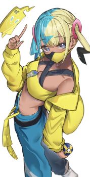 1girl aqua_hair bandeau black_mask blonde_hair blue_eyes boots breasts canari_(pokemon) collarbone commentary_request criss-cross_straps dark-skinned_female dark_skin gen_4_pokemon highres holding holding_poke_ball jacket long_sleeves looking_at_viewer mask mega_stone mouth_mask multicolored_hair navel nintendo pants poke_ball pokemon pokemon_legends:_z-a quick_ball ringozeri rotom rotom_phone short_twintails simple_background solo split-color_clothes split-color_hair sports_bra stomach twintails two-tone_hair two-tone_mask two-tone_pants white_background white_boots yellow_bandeau yellow_jacket yellow_mask yellow_sports_bra