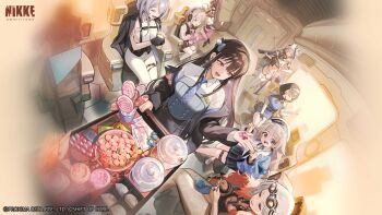 6+girls absurdres black_coat black_gloves black_hair blue_eyes blue_necktie blue_pants braid brid_(nikke) brid_(silent_track)_(nikke) brown_hair candy cart cat_girl cat_tail chair closed_eyes coat coffee collared_shirt commentary cropped day diesel_(nikke) diesel_(winter_sweets)_(nikke) english_commentary eyewear_on_head food gloves goddess_of_victory:_nikke grey_hair hair_over_one_eye hat highres holding holding_instrument holding_violin indoors infinity_rail_(nikke) instrument julia_(nikke) lollipop long_hair looking_at_another multiple_girls music necktie nero_(nikke) nora_(nikke) official_alternate_costume official_art on_chair open_mouth pants pink_eyes playing_instrument shirt sitting smile soline_(frost_ticket)_(nikke) soline_(nikke) starcat tail train train_interior twin_braids violin white_hat white_shirt window