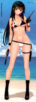 1girl ankle_boots beach belt belt_skirt bikini black_boots black_hair blush boots breasts combat_boots cross cross_necklace dual_wielding female_focus full_body gluteal_fold gun handgun highres holding holster jewelry kilmaria_aideen lace-up_boots long_hair looking_at_viewer mauser_c96 navel necklace outdoors panties pendant pistol red_eyes revolver scan shining_(series) shining_ark shiny_skin shoulder_holster skindentation smile solo standing swimsuit thigh_holster tony_taka trigger_discipline underboob underwear weapon white_panties wristband