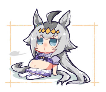 1girl ahoge animal_ears beer_hsk big_belly blue_eyes blush bow chibi commentary_request full_body grey_hair hair_between_eyes horse_ears horse_girl horse_tail long_hair multicolored_hair no_shoes oguri_cap_(umamusume) pleated_skirt puffy_short_sleeves puffy_sleeves purple_bow purple_shirt school_uniform shirt short_sleeves sitting skirt solo tail thighhighs tracen_school_uniform two-tone_hair umamusume very_long_hair white_background white_skirt white_thighhighs x_navel