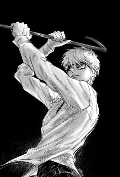 Rule 34 | 1boy, black background, commentary request, crowbar, greyscale, highres, hikaru ga shinda natsu, holding, holding crowbar, incoming attack, long sleeves, looking at viewer, male focus, monochrome, osirisaldington, pants, simple background, solo, sunglasses, tanaka (hikaru ga shinda natsu), two-handed