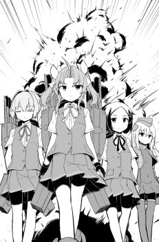 Rule 34 | 4girls, bike shorts, bike shorts under skirt, bodysuit, commentary request, diving suit, dress, dress shirt, explosion, feet out of frame, garrison cap, greyscale, hat, kagerou (kancolle), kakizaki (chou neji), kantai collection, kuroshio (kancolle), long hair, monochrome, multiple girls, pleated skirt, rigging, school uniform, shiranui (kancolle), shirt, short hair, skirt, twintails, u-511 (kancolle), vest, wetsuit