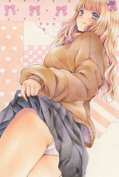 1girl abstract_background black_skirt blonde_hair blue_eyes brown_sweater closed_mouth clothes_lift commentary_request cowboy_shot crotch_seam from_below from_side highres lifting_own_clothes long_hair long_sleeves looking_at_viewer looking_down looking_to_the_side marker_(medium) original panties pleated_skirt school_uniform skirt skirt_lift solo sweater traditional_media turning_head underwear wavy_hair white_panties xx_kosuzu_xx