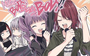 Rule 34 | 4girls, bang dream!, bang dream! girls band party!, black hair, black shirt, center frills, clothing cutout, collared jacket, collared shirt, commentary, crossed arms, english text, frilled shirt, frills, green jacket, grey hair, highres, holding, holding microphone, jacket, jitome, microphone, minato yukina, mitake ran, multicolored hair, multiple girls, music, open clothes, open jacket, orange background, polka dot, polka dot background, purple hair, red hair, red streaks, shirt, shoulder cutout, siblings, singing, sisters, sleeveless, sleeveless shirt, streaked hair, striped clothes, striped shirt, sweatdrop, three-quarter sleeves, twintails, udagawa ako, udagawa tomoe, white shirt, yukitake (bullfalk)