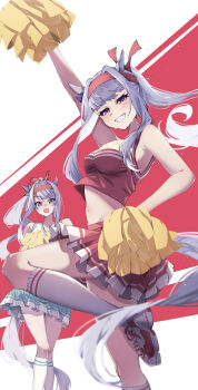2girls absurdres animal_ears aqua_skirt armpits bare_arms bare_shoulders blush cheerleader gold_ship_(umamusume) grin hairband hand_on_own_hip highres holding holding_pom_poms horse_ears horse_girl horse_tail kneehighs koroeda6 long_hair mejiro_mcqueen_(umamusume) multiple_girls open_mouth pom_pom_(cheerleading) pom_poms ponytail purple_eyes purple_hair red_hairband red_shoes red_skirt red_tank_top shirt shoes sidelocks skirt smile sneakers socks standing standing_on_one_leg tail tank_top umamusume white_shirt white_socks