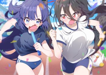 2girls black_hair black_wings blue_archive blue_buruma blue_eyes blue_shirt bouncing_breasts breasts buruma cloud commentary_request confetti cowboy_shot day double-parted_bangs feathered_wings fuusen_neko gym_uniform hair_between_eyes hasumi_(blue_archive) hasumi_(track)_(blue_archive) highres large_breasts long_hair long_hair_between_eyes midriff_peek multiple_girls navel open_mouth outdoors peroro_(blue_archive) purple_hair red_eyes relay_baton running running_track shirt short_sleeves white_shirt wings yuuka_(blue_archive) yuuka_(track)_(blue_archive)