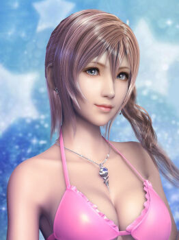 10s 1girl 3d bare_shoulders bikini blue_eyes breasts cleavage earrings female_focus final_fantasy final_fantasy_xiii final_fantasy_xiii-2 jewelry large_breasts long_hair necklace pink_hair serah_farron solo swimsuit znz