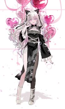 1girl :d ahoge arm_up balloon belt belt_buckle black_nails boots bubble buckle chiemo_(xcem) chinese_clothes clothing_cutout commentary dragon_print ear_covers fingernails frilled_sleeves frills full_body hair_intakes hair_ornament heart_balloon highres letter_hair_ornament light_blush long_hair long_sleeves looking_at_viewer multicolored_hair nail_polish open_mouth original pelvic_curtain pink_eyes pink_streaks see-through_clothes see-through_footwear shadow shoulder_cutout side_slit single_fishnet_legwear sleeves_past_wrists smile solo standing streaked_hair symbol-only_commentary two_side_up wavy_hair white_belt white_boots white_hair white_trim