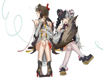 2girls ahoge armlet bare_shoulders black_hair black_shoes blush braid braided_twintails brown_hair china_dress chinese_clothes closed_eyes clover clover_hair_ornament detached_sleeves dialyn_(zenless_zone_zero) dress droopy_ears earrings flying_sweatdrops hair_extensions hair_ornament hairband hashtag-only_commentary holding_another's_tail implied_yuri invisible_chair jewelry leg_tattoo long_hair multicolored_hair multiple_girls open_mouth parted_lips ring_hair_extensions sanguinegaze shoes silver_armlet simple_background sitting split-color_hair tail tattoo thighhighs white_background white_dress white_hair white_hairband white_thighhighs ye_shunguang zenless_zone_zero