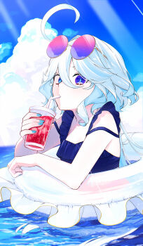 1girl absurdres afloat ahoge blue_eyes blue_hair blue_nails cloud commentary_request drinking drinking_straw drinking_straw_in_mouth eyewear_on_head furina_(genshin_impact) genshin_impact highres long_hair looking_at_viewer outdoors owl_5151 sky solo sunlight swim_ring swimsuit symbol-shaped_pupils twitter_username water