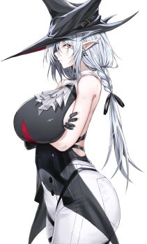1girl absurdres arknights arms_under_breasts ascot bare_shoulders belt black_belt black_gloves black_hat black_shirt braid breasts buttons closed_mouth commentary crossed_arms earrings from_behind gladiia_(arknights) gloves halter_shirt halterneck hat hat_belt highres jewelry large_breasts long_hair looking_at_viewer low-braided_long_hair low-tied_long_hair pants pointy_ears putcho red_eyes shirt sideless_shirt sidelocks simple_background sleeveless sleeveless_shirt solo two-sided_fabric two-sided_headwear white_ascot white_background white_hair white_pants