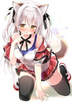 1girl animal_ears black_neckwear black_thighhighs blue_one-piece_swimsuit blush bow bowtie breasts cleavage collarbone finger_to_mouth hair_ribbon highres kneeling long_hair looking_at_viewer medium_breasts nagayama_yuunon one-piece_swimsuit open_mouth original red_skirt ribbon school_swimsuit school_uniform shirt shoes short_sleeves silver_hair skirt swimsuit swimsuit_under_clothes thighhighs twintails uwabaki white_footwear white_shirt white_thighhighs yellow_eyes
