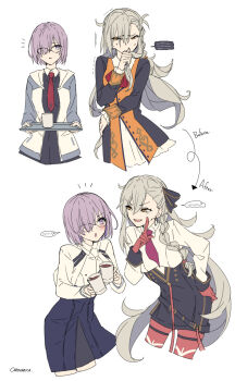 2girls blue_jacket blue_skirt carimarica commentary_request cup drinking_glass fate/grand_order fate_(series) glasses gloves grey_hair hand_on_own_hip highres holding holding_cup jacket long_hair mash_kyrielight mash_kyrielight_(chaldea_uniform) multicolored_jacket multiple_girls olga_marie_animusphere olga_marie_animusphere_(unbeast) open_clothes open_jacket orange_eyes orange_jacket pantyhose pointing purple_eyes purple_hair red_gloves red_pantyhose shirt short_hair skirt smile two-tone_jacket white_background white_jacket white_shirt