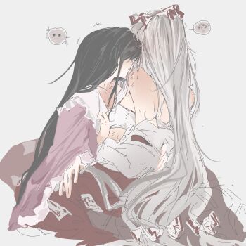 2girls alulue1 black_hair blush bra commentary fujiwara_no_mokou highres houraisan_kaguya long_hair multiple_girls pants pink_shirt purple_background red_pants shirt simple_background spoken_expression sweat touhou underwear white_bra white_hair white_shirt yuri