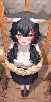 Rule 34 | 1girl, animal ear fluff, animal ears, bare shoulders, black hair, black skirt, blush, box, breasts, brown cardigan, brown shoes, cafe, cardigan, cardigan partially removed, commentary request, from above, full body, gift, hair ornament, halter shirt, halterneck, heart-shaped box, highres, holding, holding gift, hololive, jewelry, kazuna (minekazuna), large breasts, long hair, looking at viewer, low twintails, mesh, multicolored hair, necklace, official alternate costume, ookami mio, ookami mio (street), open mouth, orange eyes, outdoors, red streaks, shirt, shoes, single hair streak, skirt, sleeveless, sleeveless shirt, solo, storefront, streaked hair, twintails, unfinished, valentine, virtual youtuber, white shirt, window, wolf ears, wolf girl