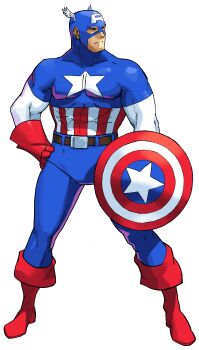 Rule 34 | 1990s (style), 1998, 1boy, absurdres, american flag, american flag print, belt, bengus, blue pants, boots, capcom, captain america, flag print, full body, game cg, gloves, highres, male focus, marvel, marvel vs. capcom, marvel vs. capcom 1, mask, muscular, non-web source, official art, pants, red boots, red gloves, retro artstyle, shield, solo, star (symbol), superhero costume