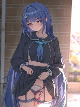 1girl absurdres arcana_(fortune_mate)_(nikke) arcana_(nikke) black_serafuku black_skirt blue_hair blue_neckerchief blue_panties blunt_bangs blush breasts brick_wall clothes_lift commentary_request egg_vibrator garter_straps gluteal_fold goddess_of_victory:_nikke grey_eyes hair_ornament hair_over_shoulder highres kai_si_(hscn5578) large_breasts long_hair long_sleeves looking_at_viewer neckerchief outdoors panties parted_lips pussy_juice pussy_juice_trail remote_control_vibrator school_uniform serafuku sex_toy skirt skirt_lift solo standing thigh_gap thigh_strap thighhighs underwear very_long_hair vibrator vibrator_cord vibrator_in_thighhighs vibrator_under_clothes zipper