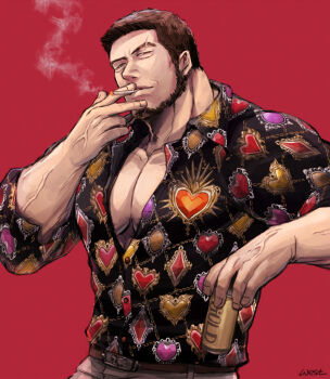 1boy alcohol bags_under_eyes bara beard beer beer_can belt brown_belt brown_eyes brown_hair can cigarette collared_shirt drink_can facial_hair holding judge_eyes kaito_masaharu large_pectorals long_sideburns looking_at_viewer male_focus mature_male muscular muscular_male nishi_yukari patterned_clothing pectoral_cleavage pectorals scar scar_on_face shirt short_hair sideburns smoking solo