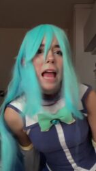 1girl animated aqua_(konosuba) aqua_(konosuba)_(cosplay) ass audible_speech bare_shoulders blue_hair boots brazilian_(nationality) cosplay female_focus high_heel_boots high_heels indoors interior kono_subarashii_sekai_ni_shukufuku_wo! long_hair looking_at_another looking_at_viewer lowres nerokosplayer no_panties photo_(medium) real_life skirt solo sound tagme teeth thighhighs video white_thighhighs