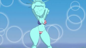 1girl american_flag american_flag_bikini american_flag_print animated animated_gif ass ass_shake bikini bouncing_breasts breasts cleavage colored_skin curvy dancing female_focus flag_print flag_print_bikini green_skin huge_ass humanization large_breasts looking_at_viewer navel print_bikini smile smug solo solo_focus statue statue_of_liberty swimsuit tansau thick_thighs thighs wide_hips