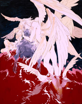 2boys absurdres ambiguous_red_liquid angel_wings ankle_wings artist_name bisected black_background blonde_hair blue_eyes completely_nude copyright_name crying crying_with_eyes_open dated death devilman devilman_(character) devilman_crybaby full_body guro head_wings highres kiss low_wings lying male_focus male_with_male multiple_boys multiple_wings nude ocean on_back pale_skin sad satan_(devilman) snuff spoilers tears tixili wings yaoi