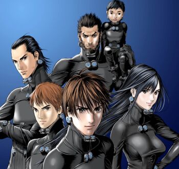 1girl 5boys beard black_eyes black_hair blue_background bodysuit breasts brown_eyes brown_hair child closed_mouth crossed_arms facial_hair gantz gantz_suit gradient_background hair_slicked_back hand_on_own_hip katou_masaru kaze_daizaemon koumoto_takeshi_(gantz) kurono_kei large_breasts latex latex_bodysuit lips long_hair long_sidelocks looking_at_viewer multiple_boys muscular muscular_male mustache official_art oku_hiroya on_shoulder sakurai_hiroto_(gantz) shimohira_reika short_hair sideburns sidelocks sitting sitting_on_person sitting_on_shoulder smile stubble tsurime upper_body v-shaped_eyebrows very_short_hair