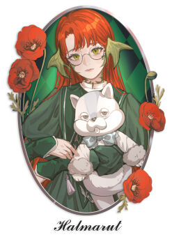 Rule 34 | 1girl, absurdres, asymmetrical bangs, au ra, calyx (ff14), character name, chinese commentary, closed mouth, commentary request, cup, dragon horns, dress, eyewear strap, final fantasy, final fantasy xiv, flower, green dress, halmarut (ff14), highres, holding, holding cup, holding stuffed toy, horns, looking at viewer, oval image, parted bangs, qingyou309, red flower, red hair, semi-rimless eyewear, solo, stuffed animal, stuffed toy, under-rim eyewear, yellow eyes