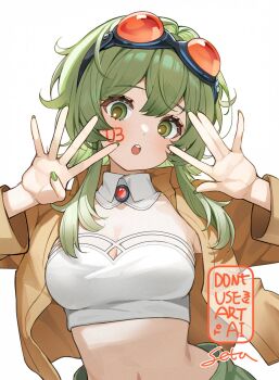 1girl :o blush breasts brown_jacket cleavage detached_collar facepaint fingernails goggles goggles_on_head green_eyes green_hair green_nails gumi highres i_setastar jacket long_fingernails long_sleeves looking_at_viewer medium_breasts medium_hair midriff nail_polish open_clothes open_jacket open_mouth simple_background solo strapless teeth tube_top upper_body upper_teeth_only vocaloid white_background