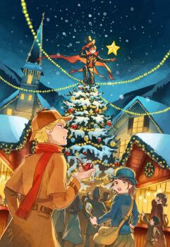 2girls 3boys aqua_hat aqua_jacket bag black_jacket black_pants black_sky blonde_hair bowler_hat brown_coat brown_hair brown_skirt building cape christmas christmas_lights christmas_tree christmas_wreath coat commentary_request deerstalker eye_mask gloves grimace hand_up hat highres holding holding_magnifying_glass holding_smoking_pipe holding_unworn_clothes holding_unworn_hat ito_yoshi jacket john_hamish_watson long_sleeves looking_at_another looking_back magnifying_glass mask multiple_boys multiple_girls night on_one_knee open_mouth original outdoors pants people red_cape red_gloves red_scarf scarf sherlock_holmes short_hair shoulder_bag signature skirt sky smoking_pipe snow snowing standing star_(symbol) surprised the_adventures_of_sherlock_holmes top_hat tower town turning_head unworn_hat unworn_headwear very_short_hair wreath