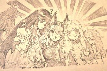 Rule 34 | 4girls, :3, ?, animal ears, bird girl, bird wings, black hair, blunt bangs, brown background, buttons, cat ears, cat girl, center frills, character request, closed mouth, commentary request, extra ears, fang, flying sweatdrops, frilled sleeves, frills, grey shirt, grey skirt, hiding, hiding behind another, highres, kaenbyou rin, kurodani yamame, long hair, long skirt, long sleeves, looking at viewer, menotama, monochrome, multiple girls, one eye closed, open mouth, puffy long sleeves, puffy short sleeves, puffy sleeves, reiuji utsuho, sash, shirt, short hair, short sleeves, shy, signature, sketch, skin fang, skirt, smile, sunburst, sunburst background, swept bangs, third eye, touhou, twitter username, upper body, v, v-shaped eyebrows, very long hair, w, white shirt, wings