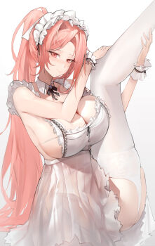 1girl absurdres apron azur_lane bare_shoulders breasts cleavage commentary_request e_baishui feet_out_of_frame frilled_apron frilled_hairband frills garter_straps hair_intakes hairband highres huge_breasts lace lace-trimmed_thighhighs lace_trim leg_up lexington_(azur_lane) lexington_ii_(azur_lane) lexington_ii_(the_fluffiest_of_maids)_(azur_lane) long_hair looking_at_viewer official_alternate_costume pink_eyes pink_hair see-through_clothes simple_background solo thighhighs very_long_hair white_background white_garter_straps white_headdress