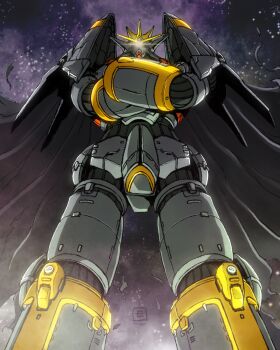 Rule 34 | absurdres, artist logo, black cape, cape, commentary request, crossed arms, feet out of frame, from below, glowing, glowing eye, gunbuster, gunbuster pose, highres, logo, looking at viewer, mecha, mecha focus, moyan, nebula, no humans, one-eyed, robot, science fiction, space, standing, star (sky), super robot, top wo nerae!, top wo nerae! (series), twitter username, yellow eyes