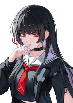 1girl absurdres black_choker black_hair black_jacket black_shirt breasts chisa_(wuthering_waves) choker closed_mouth collarbone commentary hair_ribbon hand_up hashtag-only_commentary highres jacket long_hair looking_at_viewer medium_breasts mole mole_under_eye myumyu431 neckerchief red_eyes red_neckerchief red_ribbon revision ribbon sailor_collar shirt simple_background solo upper_body white_background white_sailor_collar wuthering_waves