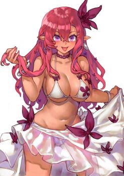Rule 34 | 1girl, bare shoulders, bikini, bow, bracelet, breasts, choker, cleavage, clothes lift, commentary, cowboy shot, disgaea, disgaea rpg, earrings, english commentary, fingernails, glint, hair bow, hands up, highres, holding, holding own hair, hoop earrings, jewelry, kayaya (kiryuushi), large breasts, light blush, long fingernails, long hair, looking at viewer, makai senki disgaea 5, multiple hair bows, nail polish, navel, official alternate costume, open mouth, pink hair, pink nails, pointy ears, purple eyes, sarong, sarong lift, see-through clothes, see-through sarong, seraphina (disgaea), simple background, smile, solo, swimsuit, tan, underboob, white background, white bikini, white sarong