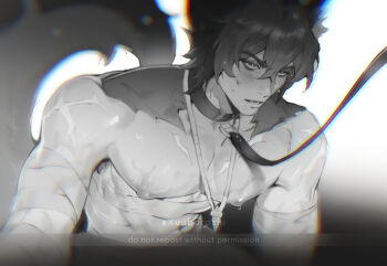 1boy animal_ear_fluff animal_ears bandaged_arm bandaged_torso bandages belt_collar black_background black_hair blurry blurry_background blush body_fur collar commentary dog_boy dog_ears dog_tail drooling gradient_background greyscale hair_between_eyes jewelry komano_manato leash male_focus monochrome multicolored_hair multiple_scars muscular muscular_male necklace nipples open_mouth pectorals pinfuyu scar scar_across_eye scar_on_chest scar_on_face scar_on_shoulder short_hair solo sweat tail twitter_username upper_body v-shaped_eyebrows white_background zenless_zone_zero