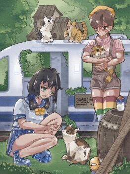 1boy 1girl 4mper5and animal baby_bottle bad_anatomy barrel beret black_hair blue_bow blue_shorts blue_skirt bottle bow bowtie brown_eyes brown_fur brown_hair brown_overalls building cat collarbone drink glasses grass green_eyes hair_bow hat highres holding holding_animal holding_cat house long_hair looking_at_another low_twintails milk multicolored_thighhighs multiple_girls open_mouth orange_fur orange_hat original overalls pink_shirt school_uniform shirt short_hair short_sleeves shorts skirt smile squatting standing striped_clothes striped_thighhighs thighhighs train tree twintails white_fur white_shirt wooden_board yellow_bow yellow_bowtie