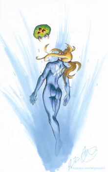 1girl absurdres ass blonde_hair blue_bodysuit bodysuit chosenarts closed_eyes commentary english_commentary facing_up from_behind full_body highres long_hair metroid metroid_(creature) metroid_larva nintendo ponytail samus_aran signature solo watermark web_address zero_suit
