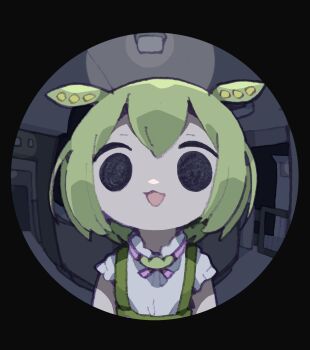 1girl absurdres black_eyes commentary_request green_hair highres looking_at_viewer nikamoka open_mouth pov_peephole shirt short_hair short_sleeves smile solo straight-on suspenders upper_body voiceroid white_shirt yandere zundamon