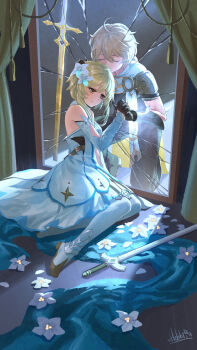 1boy 1girl absurdres aether_(genshin_impact) against_mirror ahoge arm_armor bare_shoulders black_gloves blonde_hair boots braid breasts broken_mirror brother_and_sister brown_pants brown_shirt closed_eyes closed_mouth crack cracked_glass curtains detached_sleeves dress flower genshin_impact gloves hair_between_eyes hair_flower hair_ornament hebbtia highres holding_hands jewelry long_hair long_sleeves lumine_(genshin_impact) medium_breasts mirror pants planted planted_sword planted_weapon scarf shirt short_hair short_hair_with_long_locks siblings sidelocks sitting smile solo sword thigh_boots weapon white_boots white_dress white_flower white_scarf white_sleeves yellow_eyes yokozuwari