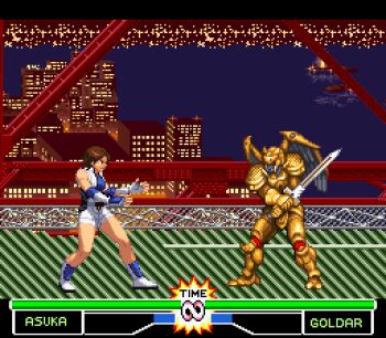 16-bit 16bit 1990s_(style) 1boy 1girl alien bandai blonde_hair brown_eyes brown_hair city colored_skin crossover fan-made fan_made fighting_game game_console gold_skin grifforzer health_bar kazama_asuka health_bar lowres mighty_morphin_power_rangers mighty_morphin_power_rangers_the_fighting_edition namco power_rangers red_eyes retro_artstyle saban_entertainment snes super_nintendo tekken timer