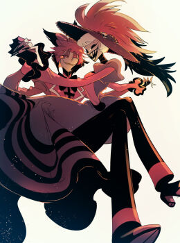 1boy 1girl alastor_(hazbin_hotel) black_pants collared_shirt commentary dress hazbin_hotel hellaverse long_dress pants red_dress red_hair red_shirt rosie_(hazbin_hotel) sansintei_auto shirt short_hair symbol-only_commentary