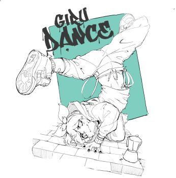 1girl absurdres blue_background breakdance closed_mouth coffee_pot commentary copyright_request drawstring full_body graffiti hair_ornament hair_ribbon hairclip highres hood hood_down hoodie k-rha's looking_at_viewer midriff nail_polish navel pants ribbon shoe_soles shoes solo two-tone_background upside-down white_background